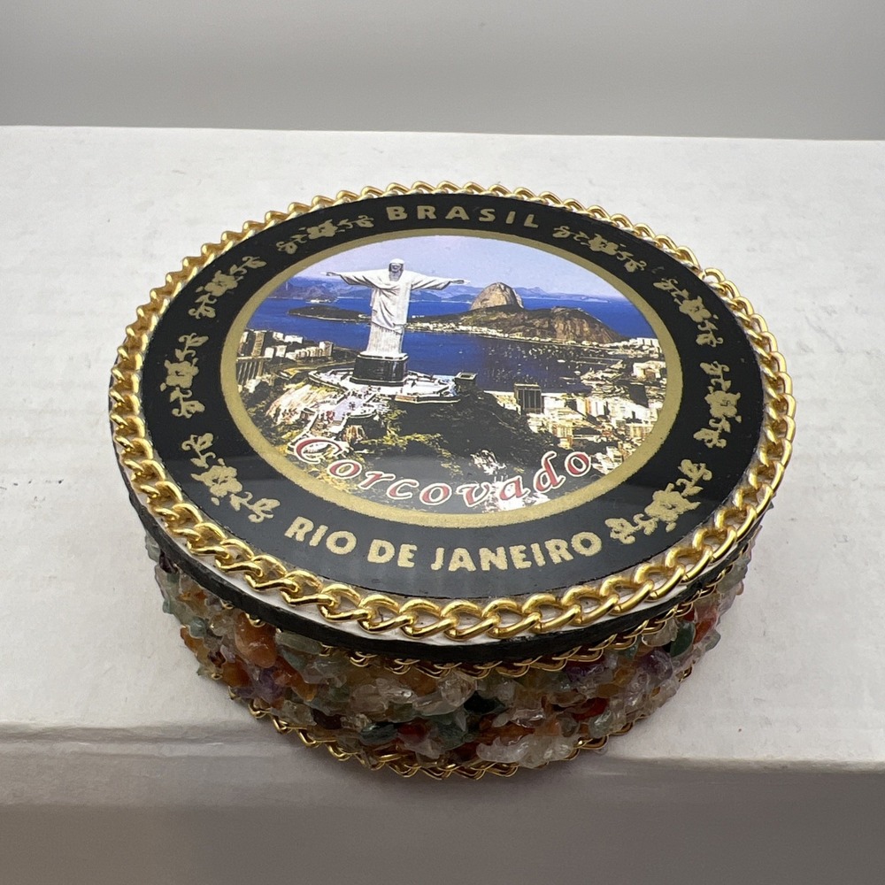 Vintage Rio de Janeiro Brazil Souvenir Trinket Box Faux Gemstone Chip Mosaic
